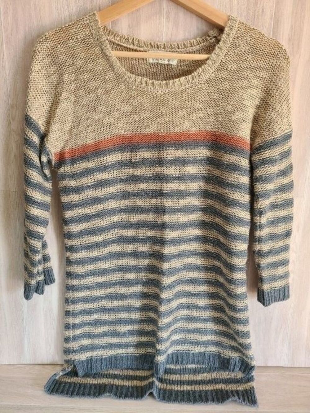 Pink Rose Striped Sweater Juniors L Beige Grey Rust Loose Knit Pullover Top 3/4